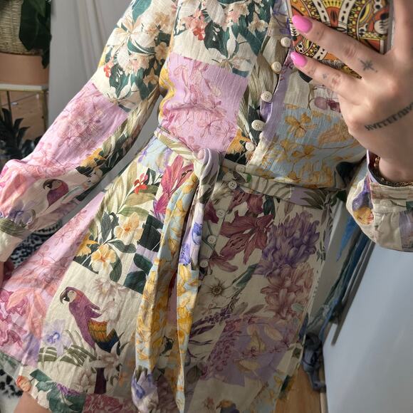 Zara Patchwork Floral Parrot Long Sleeve Shirt Dress Pink Medium NWT - Picture 6 of 6